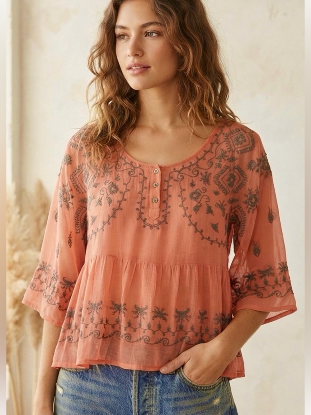 Free People Embroidered Peasant Top Size XS